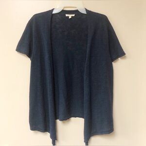 Eileen Fisher Womens Linen Blend Open Front Cardigan Blue Short Sleeve Large